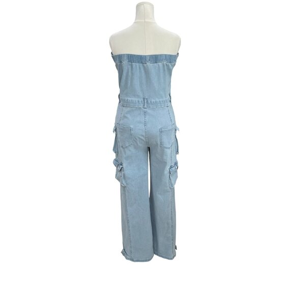 Strapless Denim Cargo Jumpsuit Y2K Edgy Streetwear Utility Baddie Distressed XL - Picture 7 of 12